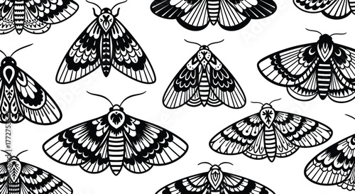 Intricate black and white moth illustrations create a charming, repeating pattern.