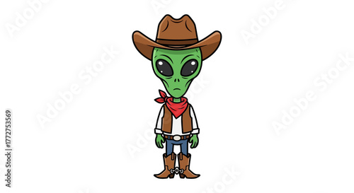 Illustrative depiction of a cartoon alien cowboy in a hat with a bandana and vest character