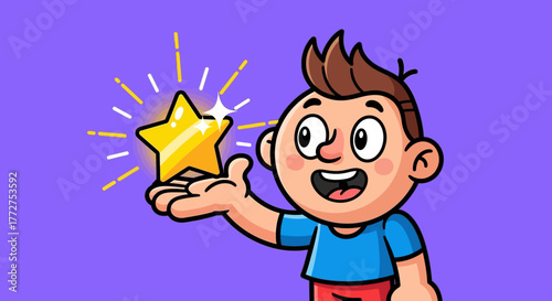 Cartoon boy with shining golden star represents success and achieving goals