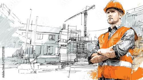 Skilled Construction Worker Wearing Hard Hat and High Visibility Vest at Worksite