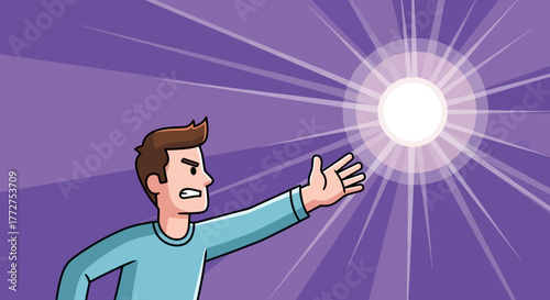 Cartoon man reaching out to bright light symbolizing struggle and obstacle overcome