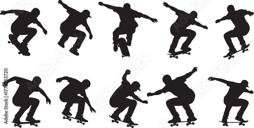 Dynamic skateboarder performing aerial tricks in a series of action silhouette poses capturing extreme sport movement