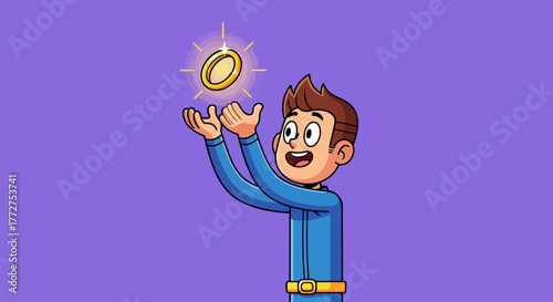 Cartoon character enthusiastically receiving a glowing coin of potential wealth or power