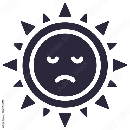 Sad Sun Icon with Rays Expressing Depression and Melancholy, Vector Glyph Graphic