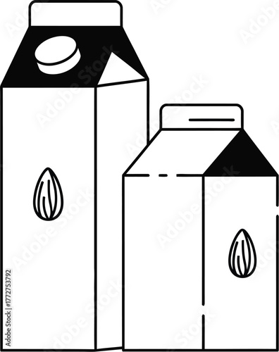 Minimalist illustration of two cartons of plant-based almond milk with almond icon