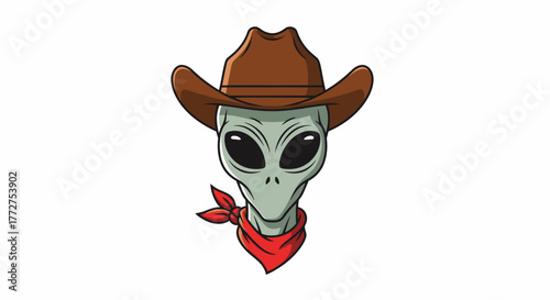 Cartoon depiction of a grey alien wearing a cowboy hat and red bandana neck scarf against a white