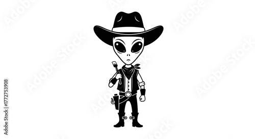 Monochrome Illustration of a space traveler in a cowboy outfit with culinary tools ready for