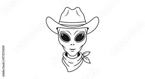 Extraterrestrial sheriff design showcases an alien head wearing a cowboy hat and bandana with a