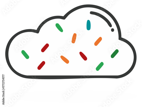 Whimsical cartoon cloud icon filled with colorful sprinkles, representing happiness, dreams, or sweet abstract concepts