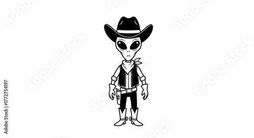 Outlaw from outer space: Cartoon alien cowboy, gunslinger character with cosmic charm and vintage