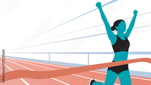 A minimalist digital illustration of a female runner winning a race