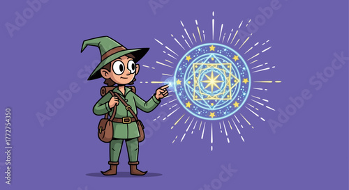 Cartoon adventurer with a magical circle creating illustration filled with wonder and charm