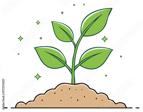Green sprout growing from rich soil with sparkling stars surrounding, symbolizing growth and new beginnings