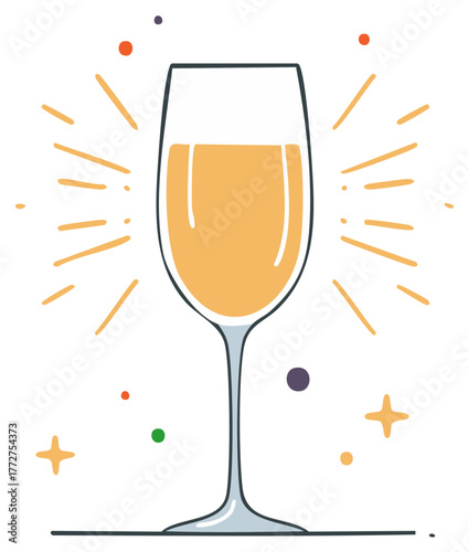 Celebration Glass of Sparkling Wine or Champagne with Confetti and Radiance