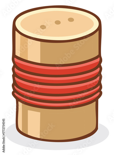 Cartoon salt shaker with red decorative bands and holes on top for dispensing