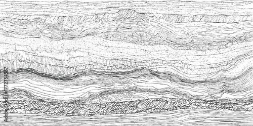 Black and white line drawing of geological strata layers with wavy patterns and textures abstract background