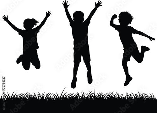 Black and white silhouette illustration of three happy children jumping in the air on grass, joyful kids playing outdoors