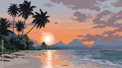 Serene Tropical Sunset Beach Landscape Art Wallpaper Vector
