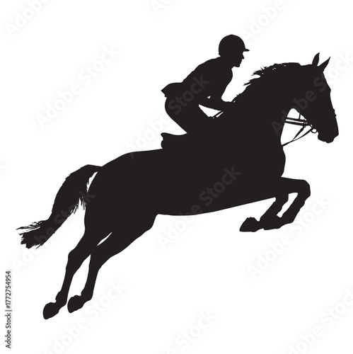 Powerful black silhouette of a horse and rider jumping, capturing equestrian competition