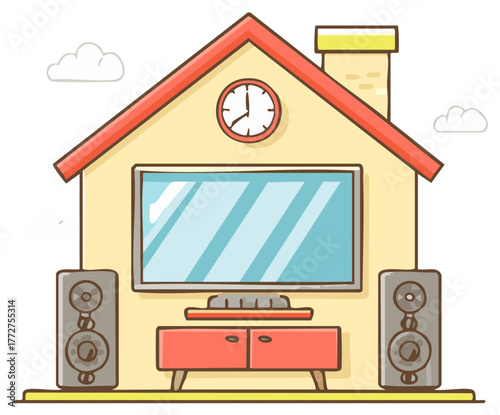 Cartoon house with clock, TV, speakers, and entertainment console, flat illustration.