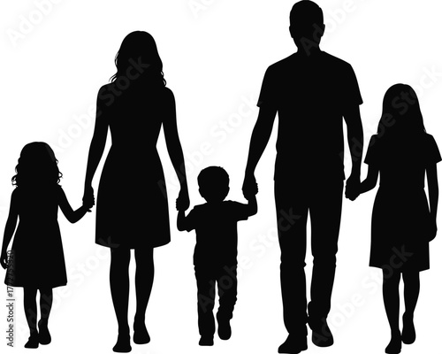 Black and white silhouette illustration of happy family with three children walking together holding hands, parenthood and unity concept