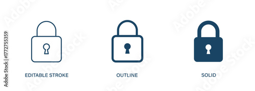 Lock icon for security and privacy. Editable  stroke, outline and solid vector icon.