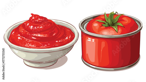 Vibrant Red Tomato Paste in Sauce Boat and Can Vector Illustration