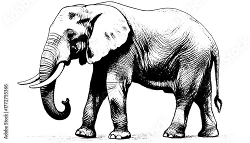 Detailed vintage engraving of an African elephant in profile view — majestic wildlife illustration, isolated on transparent background.