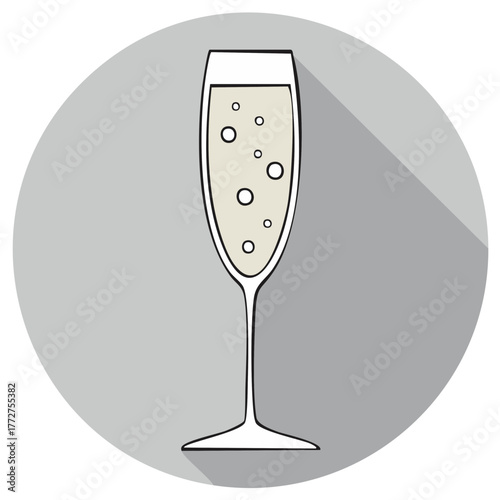 Champagne flute with sparkling beverage and bubbles simple flat icon with long shadow effect
