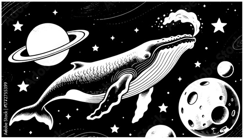 Surreal black-and-white engraving of a whale floating in space among planets and stars — cosmic freedom and imagination, isolated on transparent background.