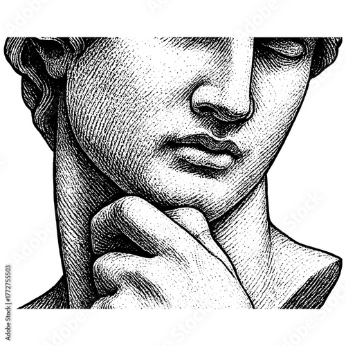 Engraved classical statue in thoughtful pose — subtle emotion, elegant realism, intellectual beauty, isolated on transparent background.