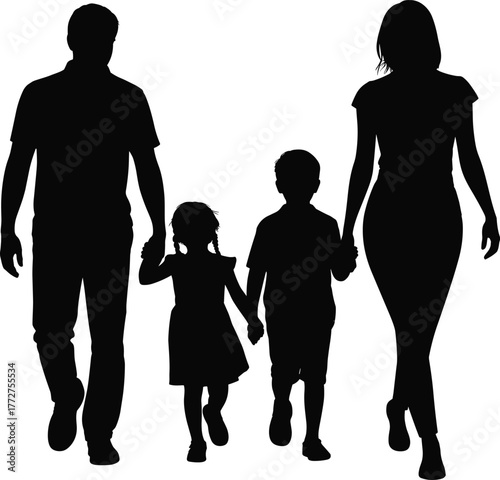 Black and white silhouette of family walking together holding hands, parents with two children, happy family relationship concept