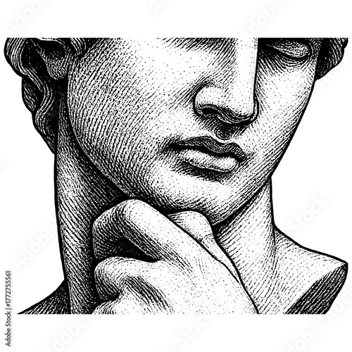 Engraved classical statue in thoughtful pose — subtle emotion, elegant realism, intellectual beauty, isolated on transparent background.
