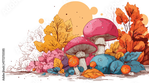 Vibrant Autumn Foliage and Mushroom Scene Vector with Outline