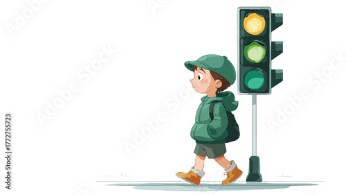 Safe Road Crossing Vector Illustration: Young Boy at Green Light