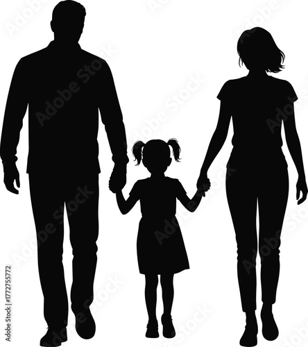Black and white silhouette of family walking together, parents holding daughter’s hands, minimalist vector illustration on white background