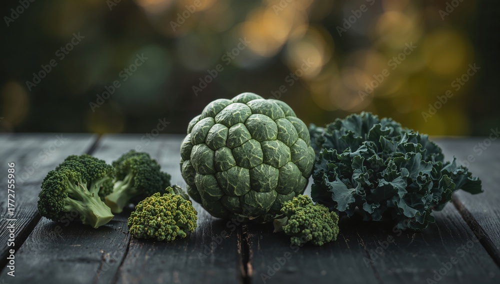 Fototapeta premium Brussels sprout accompanied by broccoli and kale on a dark wooden surface, fiber-dense choice