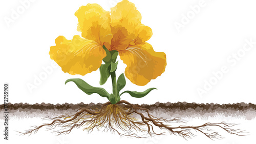 Vibrant Yellow Flower with Root System in Soil Vector Illustration