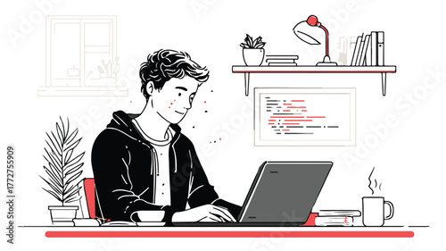 Young Man Programming at Home Behind Laptop Vector Illustration