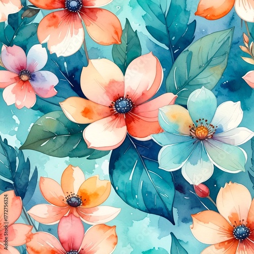 Watercolor pattern illustrating abstract flowers and turquoise leaf, vintage watercolor illustration