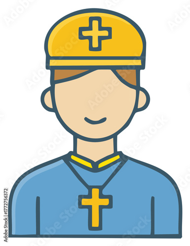 Cleric in blue robes and yellow mitre adorned with a cross