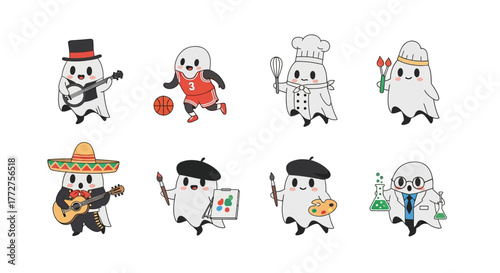 Adorable cartoon ghost characters in various professions celebrating festive holiday fun and