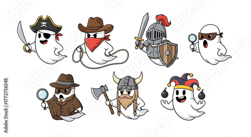 Collection of cute ghost cartoon characters dressed in various costumes for halloween