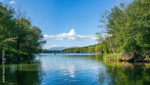 Exploring a rocky shoreline with trees and a lake from a paddle boat, seasonal change