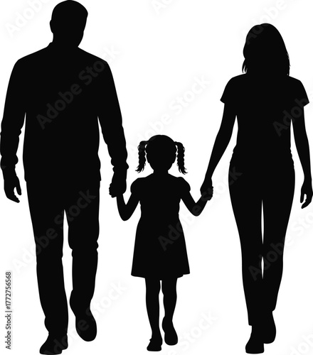 Black and white silhouette of family walking together, parents holding daughter’s hands, minimalist vector illustration on white background
