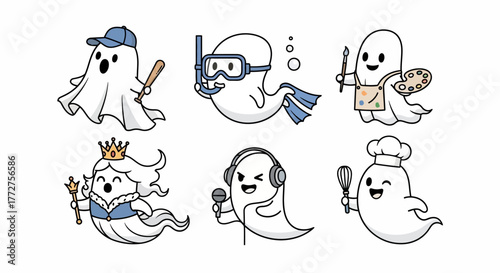Diverse professions showcased by playful ghostly figures in a lighthearted and whimsical