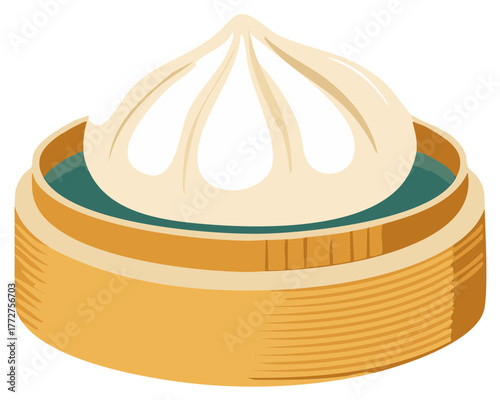 Delicious Chinese Xiao Long Bao Dumpling in Bamboo Steamer Basket Graphic Illustration