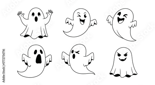 Spooky and playful ghost illustrations featuring diverse expressions on a white background