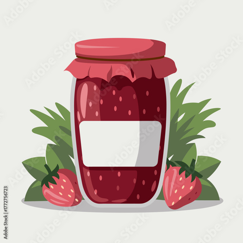 Strawberry jam jar with blank label in flat design isolated on white background