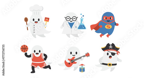 Collection of diverse ghost characters embodying various professions and hobbies on white background